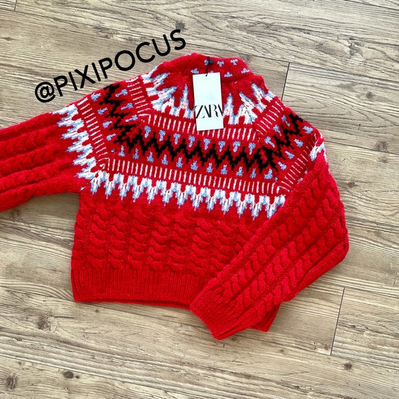 ZARA WOOL CABLE KNIT JACQUARD SWEATER RED - Picture 13 of 15